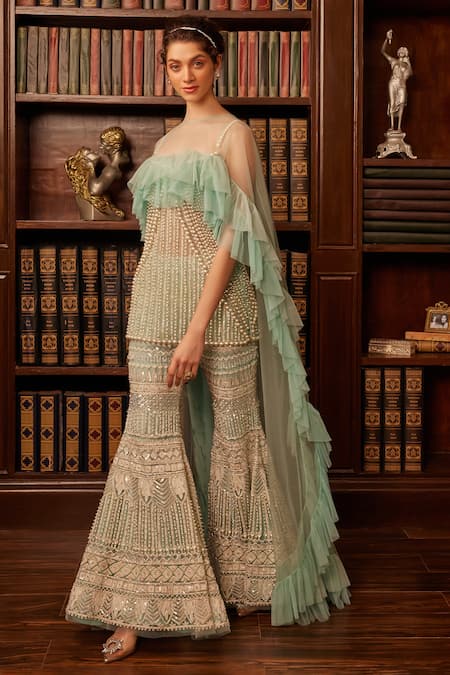 Shop_Cherie D_Blue Silk, Tulle Pearls, Sequins, Scandal Embroidered Ruffle Cape And Sharara Set _Online_at_Aza_Fashions