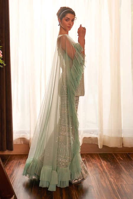 Cherie D_Blue Silk, Tulle Pearls, Sequins, Scandal Embroidered Ruffle Cape And Sharara Set _at_Aza_Fashions