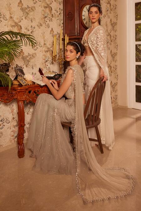 Cherie D_Ivory Silk, Tulle Embroidery, Sequins, Pearls Secret Bella Cape And Lehenga Set _at_Aza_Fashions