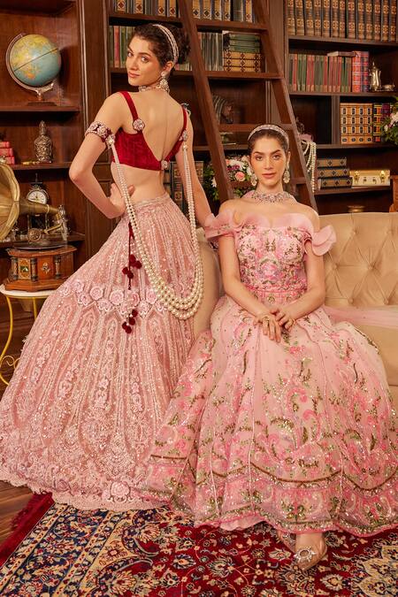Buy_Cherie D_Pink Silk, Tulle Embroidery, Sequins, Beads Secret Garden Lehenga Set _Online_at_Aza_Fashions