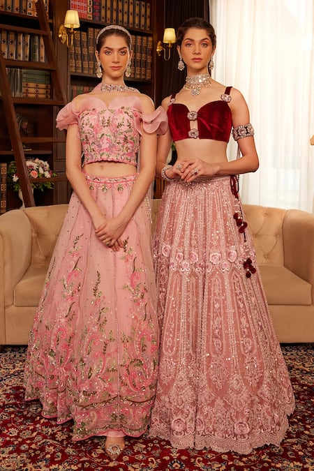 Cherie D_Pink Silk, Tulle Embroidery, Sequins, Beads Secret Garden Lehenga Set _at_Aza_Fashions