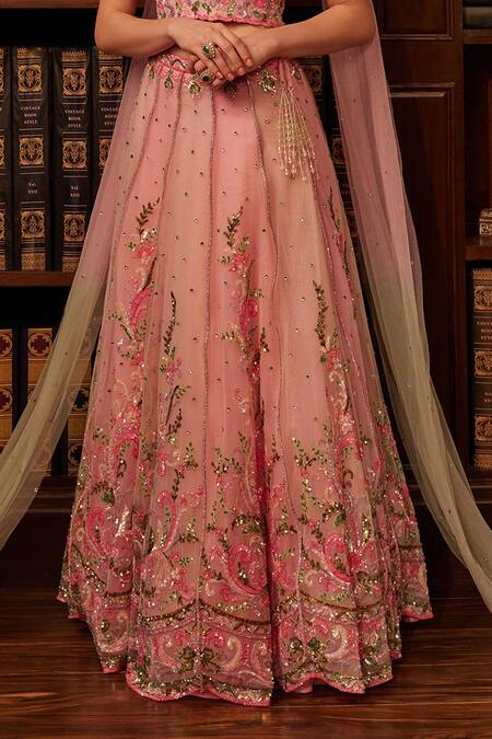 Shop_Cherie D_Pink Silk, Tulle Embroidery, Sequins, Beads Secret Garden Lehenga Set 