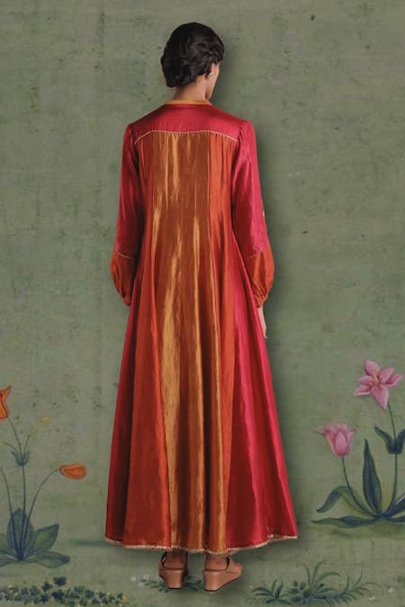 Shop Myoho Pink Denim, Silk Embroidery Round Neck Omkara Panelled Anarkali With Pant at Aza Fashions Shop_Myoho_Pink Denim, Silk Embroidery Round Neck Omkara Panelled Anarkali With Pant _at_Aza_Fashions