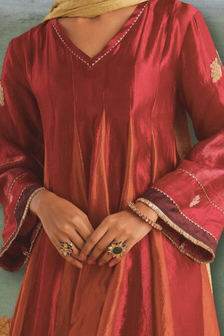 Myoho_Pink Denim, Silk Embroidery V-neck Apsara Sleeves Godet Kurta Pant Set _Online_at_Aza_Fashions