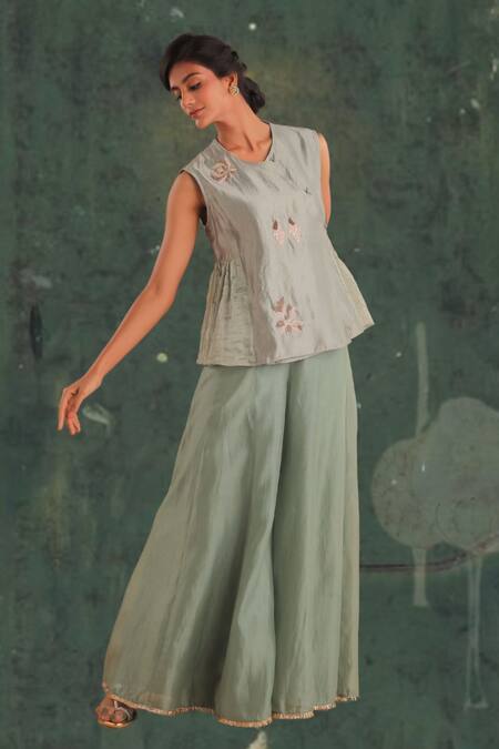 Buy Myoho Green Silk Embroidery V-neck Ethereal Mor Crest Angarkha Top With Palazzo Online at Aza Fashions Buy_Myoho_Green Silk Embroidery V-neck Ethereal Mor Crest Angarkha Top With Palazzo _Online_at_Aza_Fashions