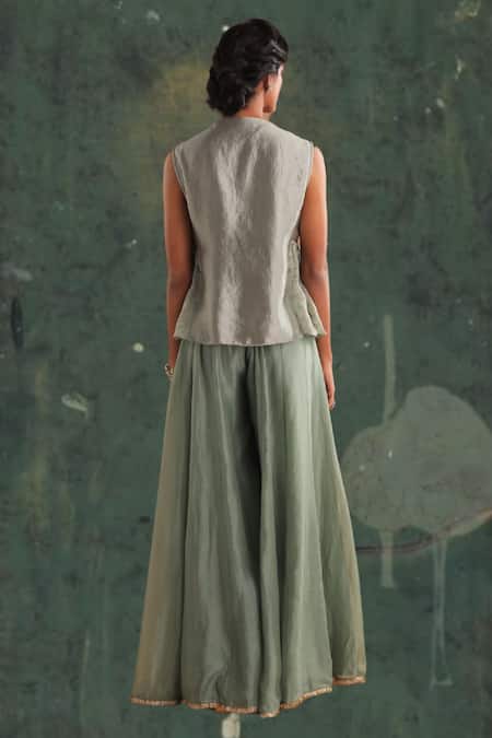 Shop Myoho Green Silk Embroidery V-neck Ethereal Mor Crest Angarkha Top With Palazzo at Aza Fashions Shop_Myoho_Green Silk Embroidery V-neck Ethereal Mor Crest Angarkha Top With Palazzo _at_Aza_Fashions