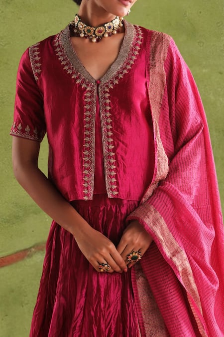 Myoho Pink Chanderi, Silk Zari, Embroidery Ras Bullian Bloom Blouse Lehenga Set Online at Aza Fashions Myoho_Pink Chanderi, Silk Zari, Embroidery Ras Bullian Bloom Blouse Lehenga Set _Online_at_Aza_Fashions