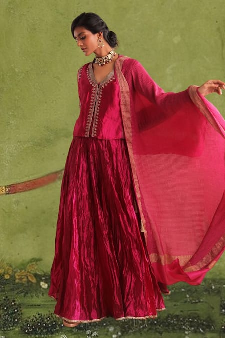 Buy Myoho Pink Chanderi, Silk Zari, Embroidery Ras Bullian Bloom Blouse Lehenga Set Online at Aza Fashions Buy_Myoho_Pink Chanderi, Silk Zari, Embroidery Ras Bullian Bloom Blouse Lehenga Set _Online_at_Aza_Fashions
