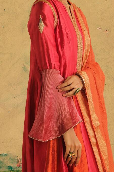 Myoho Pink Chanderi Embroidery, Tassels Round Dwarka Tikki Handwork Godet Anarkali Set Online at Aza Fashions Myoho_Pink Chanderi Embroidery, Tassels Round Dwarka Tikki Handwork Godet Anarkali Set _Online_at_Aza_Fashions