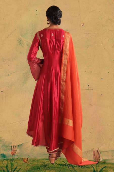 Shop Myoho Pink Chanderi Embroidery, Tassels Round Dwarka Tikki Handwork Godet Anarkali Set at Aza Fashions Shop_Myoho_Pink Chanderi Embroidery, Tassels Round Dwarka Tikki Handwork Godet Anarkali Set _at_Aza_Fashions