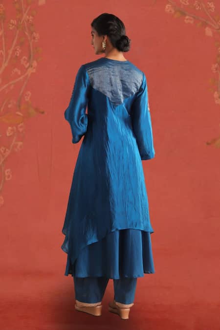 Shop_Myoho_Blue Chanderi, Denim Embroidery Saundarya Foliage Motif Layered Kurta With Pant _at_Aza_Fashions