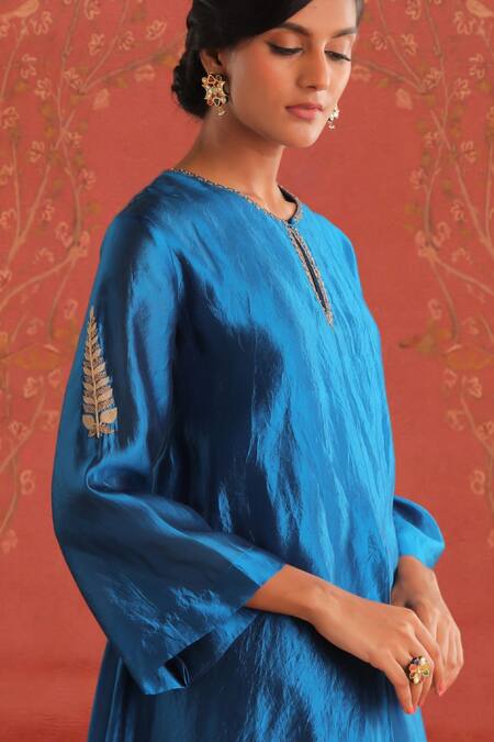 Myoho_Blue Chanderi, Denim Embroidery Saundarya Foliage Motif Layered Kurta With Pant _Online_at_Aza_Fashions
