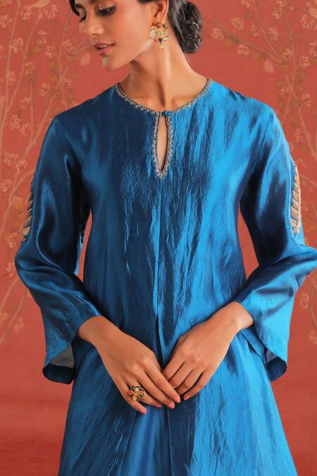 Buy_Myoho_Blue Chanderi, Denim Embroidery Saundarya Foliage Motif Layered Kurta With Pant _Online_at_Aza_Fashions