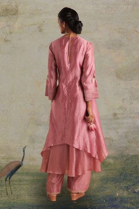 Shop_Myoho_Pink Chanderi, Denim Embroidery Harmony Peacock Motif Layered Kurta With Pant _at_Aza_Fashions
