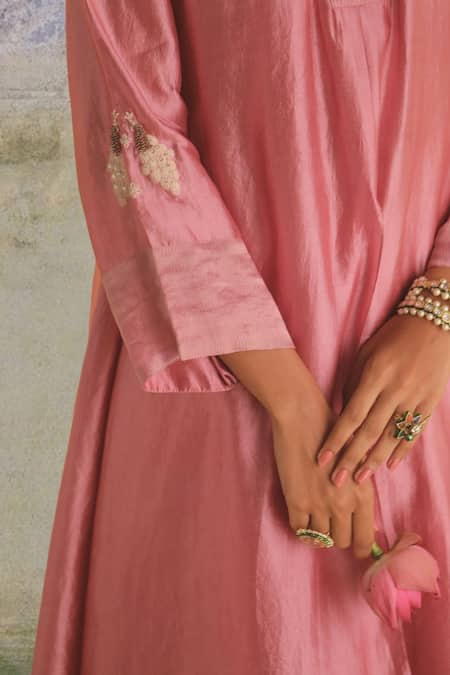 Myoho_Pink Chanderi, Denim Embroidery Harmony Peacock Motif Layered Kurta With Pant _Online_at_Aza_Fashions