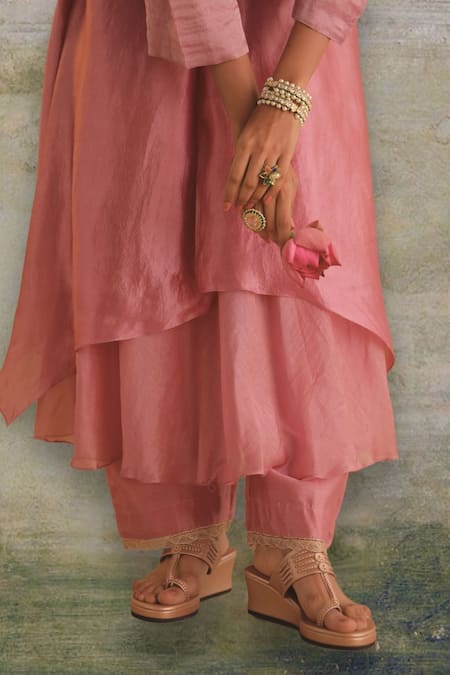 Buy_Myoho_Pink Chanderi, Denim Embroidery Harmony Peacock Motif Layered Kurta With Pant _Online_at_Aza_Fashions