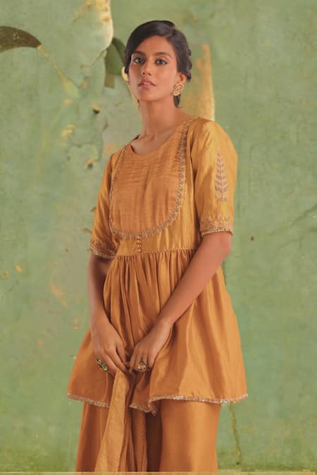 Myoho Orange Chanderi, Denim, Tussar Bliss Matka Silk Yoke Kurta Palazzo Set Online at Aza Fashions Myoho_Orange Chanderi, Denim, Tussar Bliss Matka Silk Yoke Kurta Palazzo Set _Online_at_Aza_Fashions