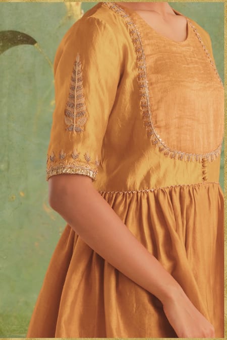 Buy Myoho Orange Chanderi, Denim, Tussar Bliss Matka Silk Yoke Kurta Palazzo Set Online at Aza Fashions Buy_Myoho_Orange Chanderi, Denim, Tussar Bliss Matka Silk Yoke Kurta Palazzo Set _Online_at_Aza_Fashions
