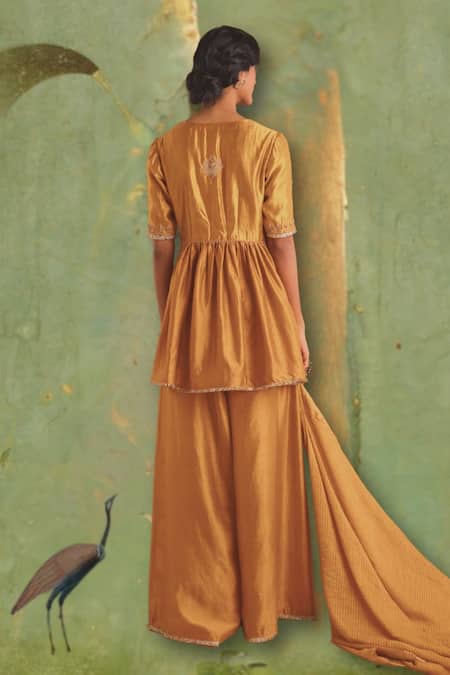 Shop Myoho Orange Chanderi, Denim, Tussar Bliss Matka Silk Yoke Kurta Palazzo Set at Aza Fashions Shop_Myoho_Orange Chanderi, Denim, Tussar Bliss Matka Silk Yoke Kurta Palazzo Set _at_Aza_Fashions