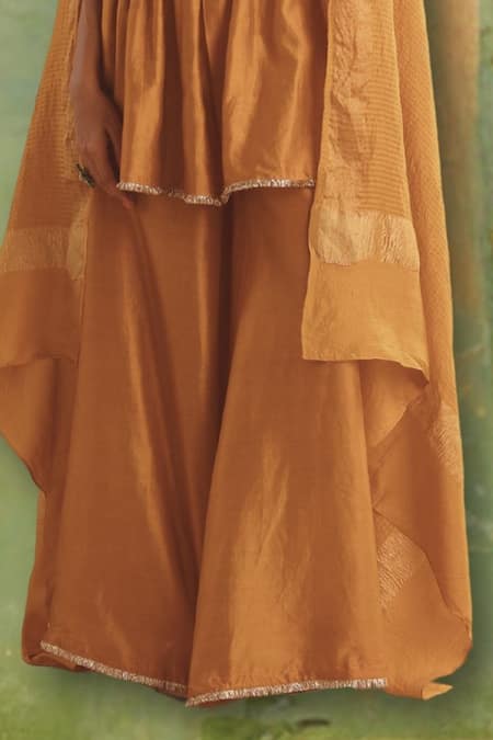Shop Myoho Orange Chanderi, Denim, Tussar Bliss Matka Silk Yoke Kurta Palazzo Set Online at Aza Fashions Shop_Myoho_Orange Chanderi, Denim, Tussar Bliss Matka Silk Yoke Kurta Palazzo Set _Online_at_Aza_Fashions