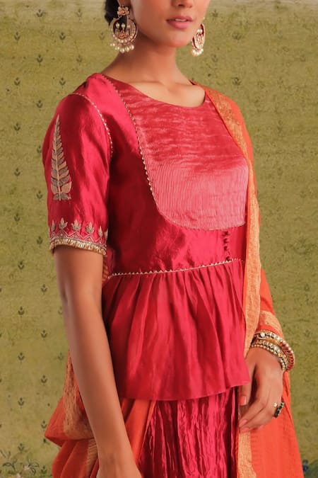 Myoho_Pink Chanderi, Denim, Silk Embroidery Round Mohak Panelled Godet Lehenga Set _Online_at_Aza_Fashions