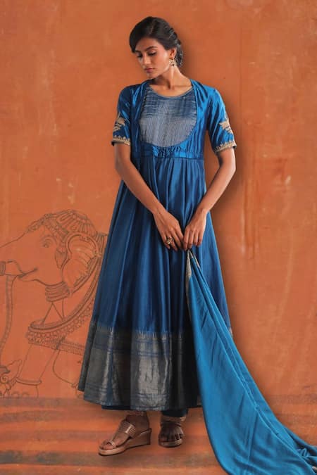 Myoho Blue Dupion Embroidery Tulip Bloom Round Neck Manmohak Anarkali Set 