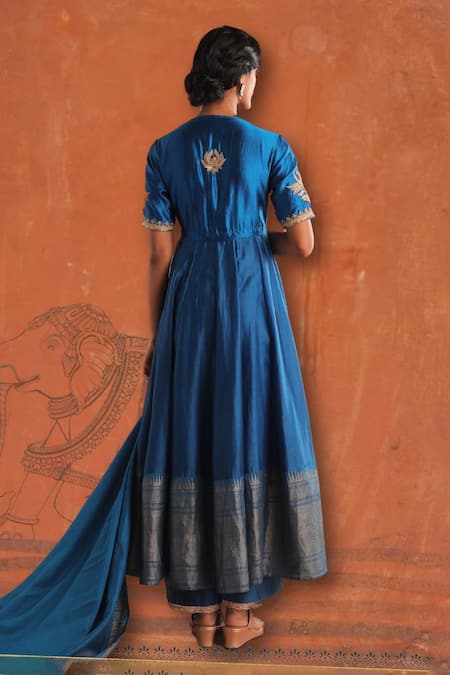 Shop_Myoho_Blue Silk Embroidery Round Neck Manmohak Tulip Bloom Anarkali Set _at_Aza_Fashions