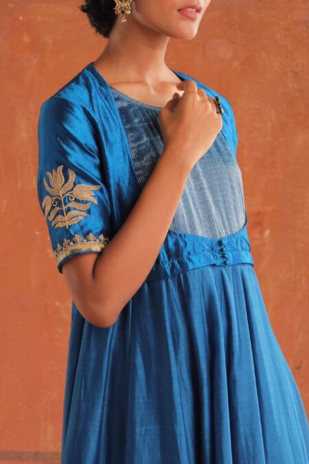 Myoho_Blue Silk Embroidery Round Neck Manmohak Tulip Bloom Anarkali Set _Online_at_Aza_Fashions