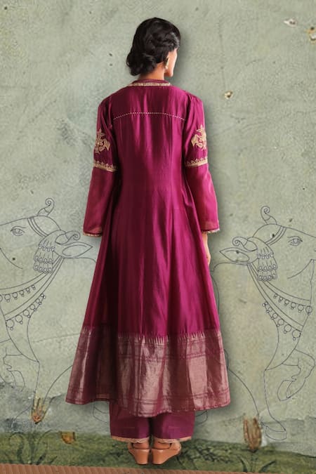 Shop_Myoho_Purple Chanderi Embroidery V-neck Mystic Banarasi Border Jacket Set _at_Aza_Fashions