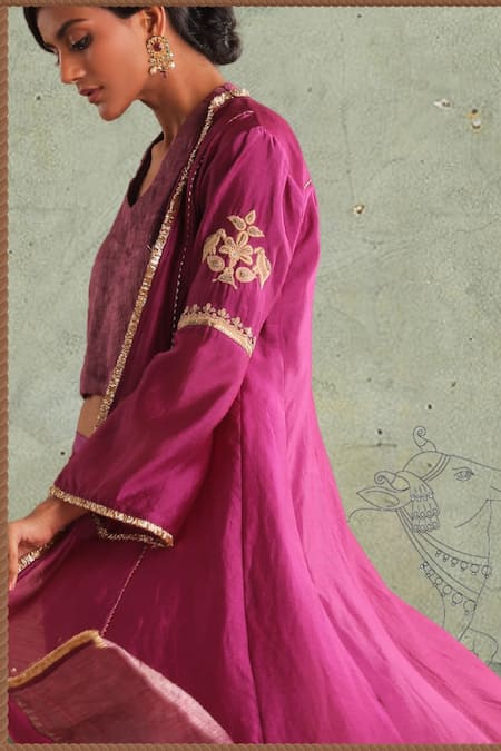 Myoho_Purple Chanderi Embroidery V-neck Mystic Banarasi Border Jacket Set _Online_at_Aza_Fashions