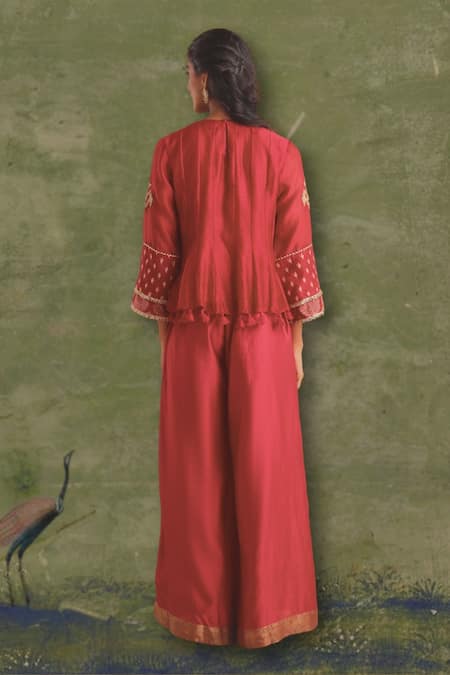 Shop Myoho Pink Chanderi Tassels Round Gulab Glory Bloom Embroidered Top With Palazzo Pant at Aza Fashions Shop_Myoho_Pink Chanderi Tassels Round Gulab Glory Bloom Embroidered Top With Palazzo Pant _at_Aza_Fashions