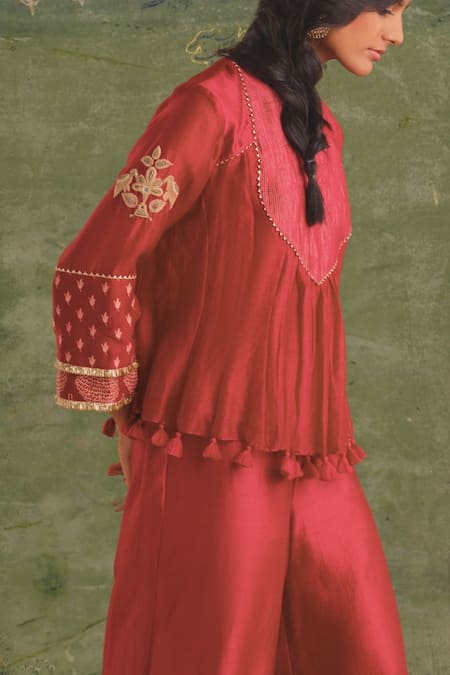 Buy Myoho Pink Chanderi Tassels Round Gulab Glory Bloom Embroidered Top With Palazzo Pant Online at Aza Fashions Buy_Myoho_Pink Chanderi Tassels Round Gulab Glory Bloom Embroidered Top With Palazzo Pant _Online_at_Aza_Fashions