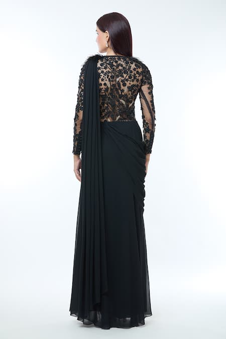 Shop_Vivek Patel_Black Georgette Beads, Cut Work V-neck Embellished Yoke Saree Gown _at_Aza_Fashions