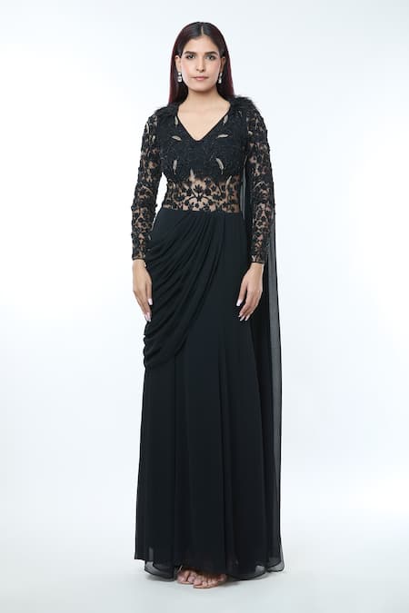 Vivek Patel_Black Georgette Beads, Cut Work V-neck Embellished Yoke Saree Gown _Online_at_Aza_Fashions