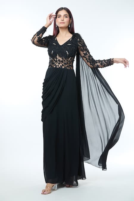 Shop_Vivek Patel_Black Georgette Beads, Cut Work V-neck Embellished Yoke Saree Gown _Online_at_Aza_Fashions