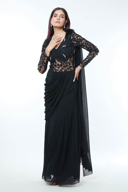 Vivek Patel_Black Georgette Beads, Cut Work V-neck Embellished Yoke Saree Gown _at_Aza_Fashions