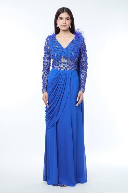 Vivek Patel_Blue Georgette Embroidery, Beads V-neck Floral Embellished Yoke Saree Gown _Online_at_Aza_Fashions