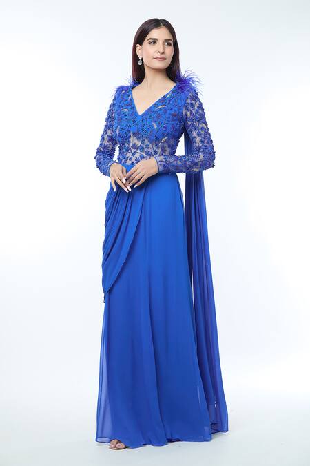 Buy_Vivek Patel_Blue Georgette Embroidery, Beads V-neck Floral Embellished Yoke Saree Gown _Online_at_Aza_Fashions