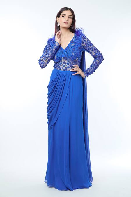 Shop_Vivek Patel_Blue Georgette Embroidery, Beads V-neck Floral Embellished Yoke Saree Gown _Online_at_Aza_Fashions