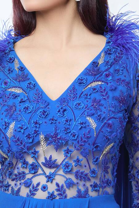Buy_Vivek Patel_Blue Georgette Embroidery, Beads V-neck Floral Embellished Yoke Saree Gown 