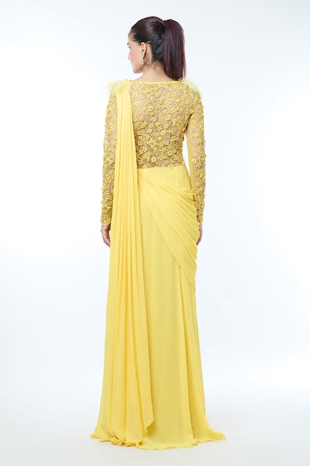 Shop_Vivek Patel_Yellow Georgette Diamonds, Embroidery V-neck Floral Embellished Saree Gown _at_Aza_Fashions