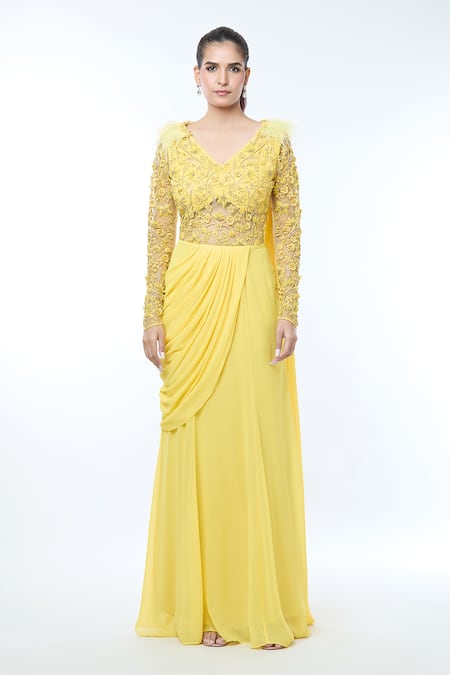 Vivek Patel_Yellow Georgette Diamonds, Embroidery V-neck Floral Embellished Saree Gown _Online_at_Aza_Fashions