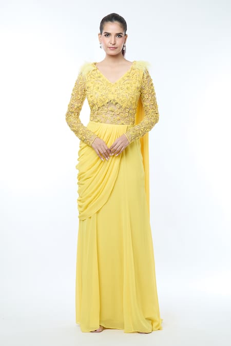 Buy_Vivek Patel_Yellow Georgette Diamonds, Embroidery V-neck Floral Embellished Saree Gown _Online_at_Aza_Fashions