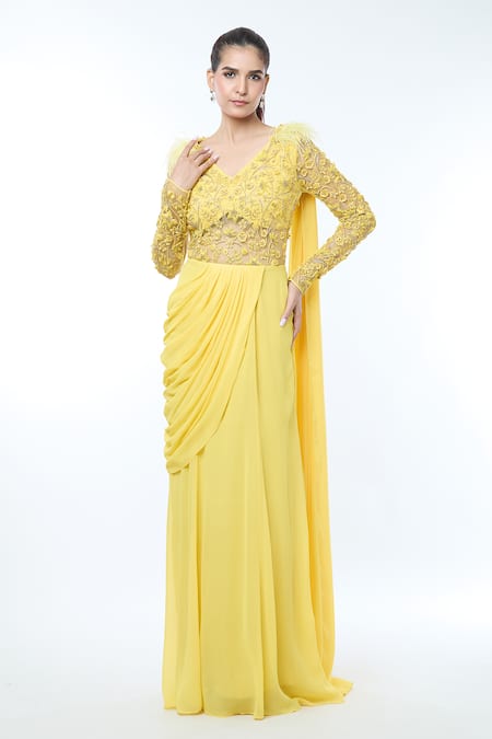 Shop_Vivek Patel_Yellow Georgette Diamonds, Embroidery V-neck Floral Embellished Saree Gown _Online_at_Aza_Fashions