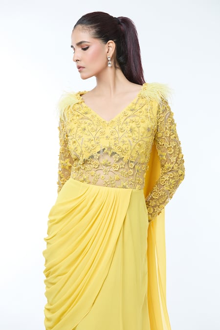 Vivek Patel_Yellow Georgette Diamonds, Embroidery V-neck Floral Embellished Saree Gown _at_Aza_Fashions