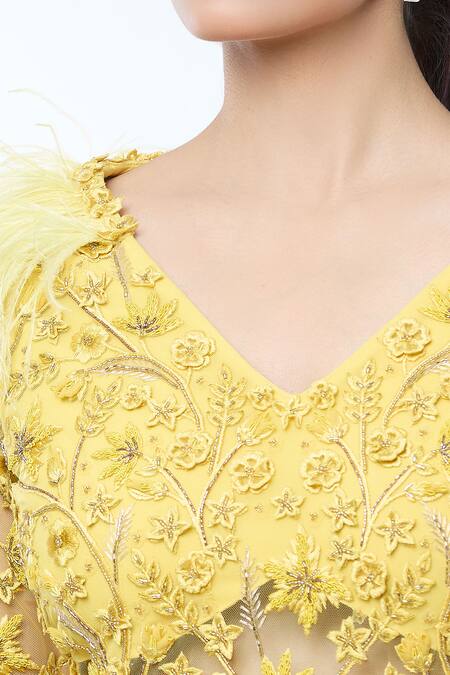 Buy_Vivek Patel_Yellow Georgette Diamonds, Embroidery V-neck Floral Embellished Saree Gown 