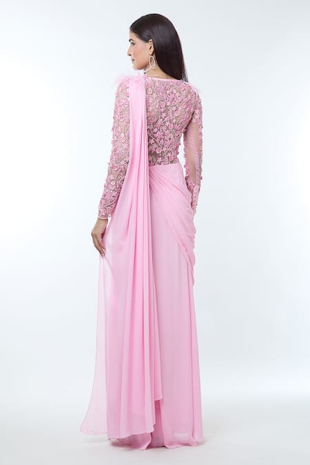 Vivek Patel Floral Embellished Pink Saree Gown 