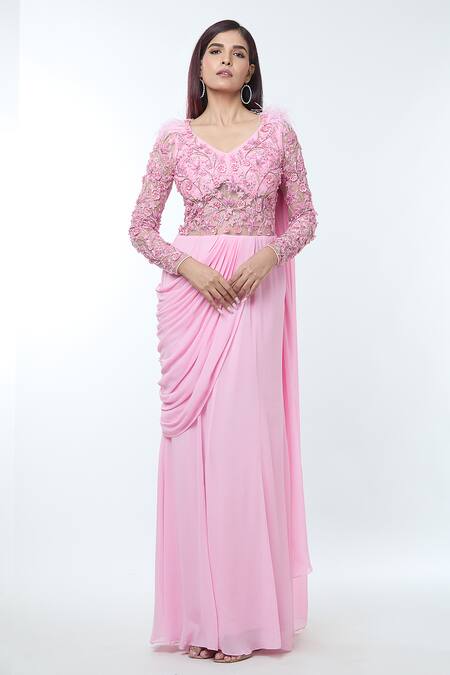Vivek Patel Pink Georgette Beads, Embroidery V-neck Floral Embellished Saree Gown Online at Aza Fashions Vivek Patel_Pink Georgette Beads, Embroidery V-neck Floral Embellished Saree Gown _Online_at_Aza_Fashions