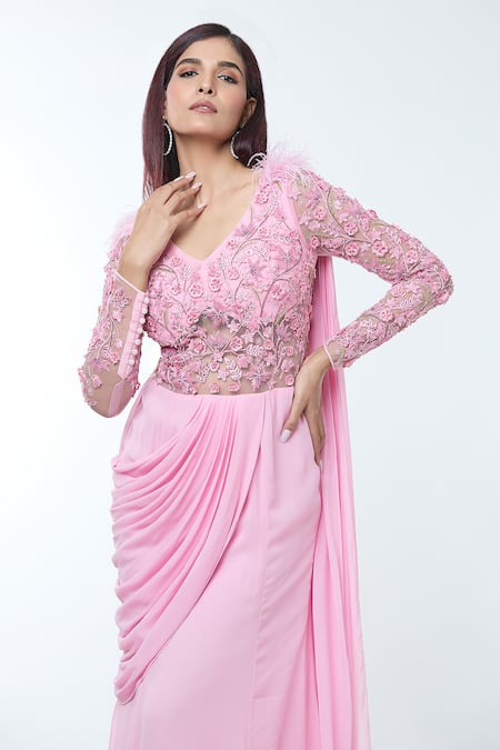 Buy Vivek Patel Pink Georgette Beads, Embroidery V-neck Floral Embellished Saree Gown Online at Aza Fashions Buy_Vivek Patel_Pink Georgette Beads, Embroidery V-neck Floral Embellished Saree Gown _Online_at_Aza_Fashions