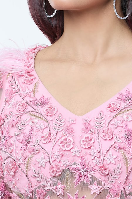 Shop Vivek Patel Pink Georgette Beads, Embroidery V-neck Floral Embellished Saree Gown Online at Aza Fashions Shop_Vivek Patel_Pink Georgette Beads, Embroidery V-neck Floral Embellished Saree Gown _Online_at_Aza_Fashions